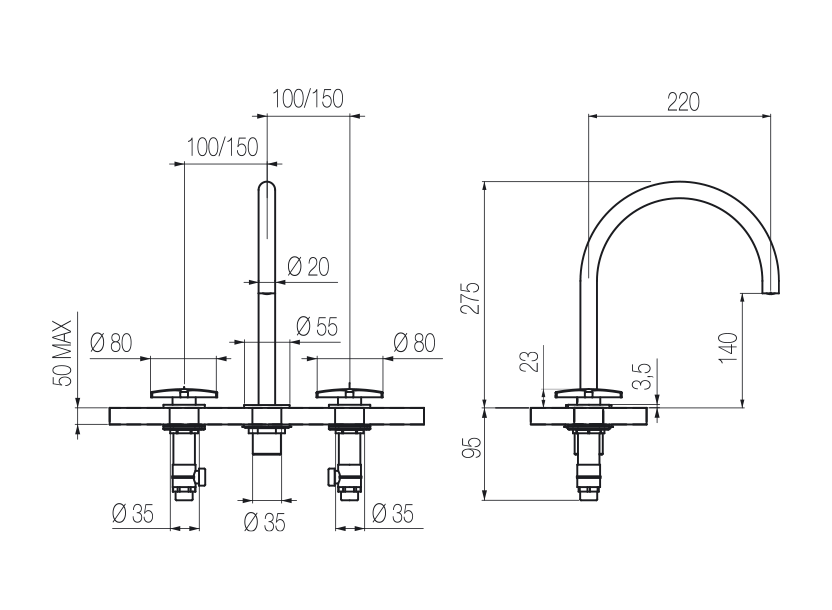Vòi chậu lavabo xoay 3 lỗ cao 270mm bằng stainless steel Dixi - DXN24