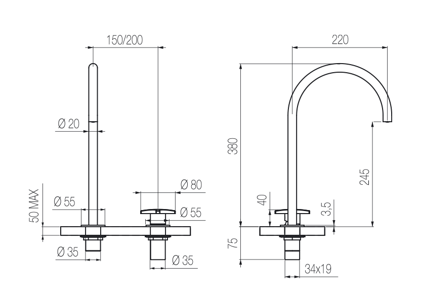  Vòi chậu lavabo xoay 2 lỗ cao 380mm bằng stainless steel Dixi - DXN33 