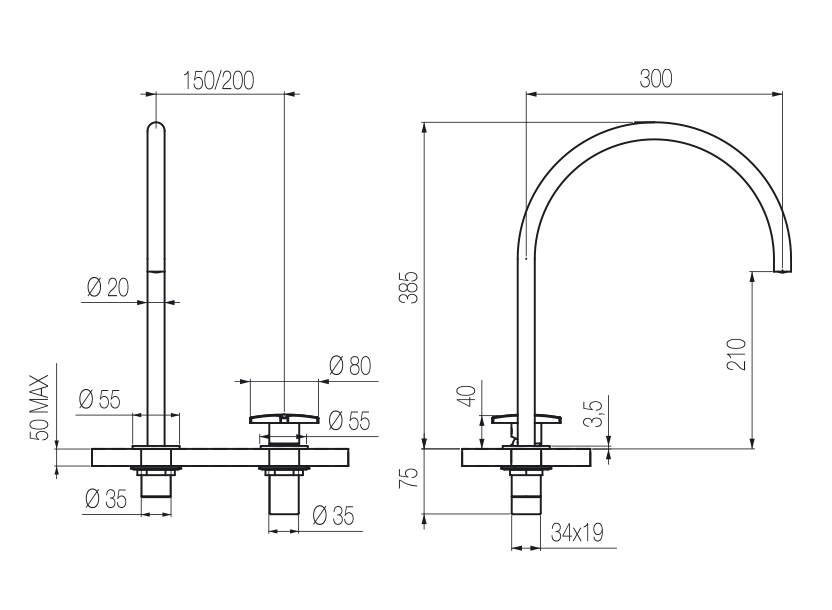  Vòi chậu lavabo xoay 2 lỗ cao 380mm bằng stainless steel Dixi - DXN35 