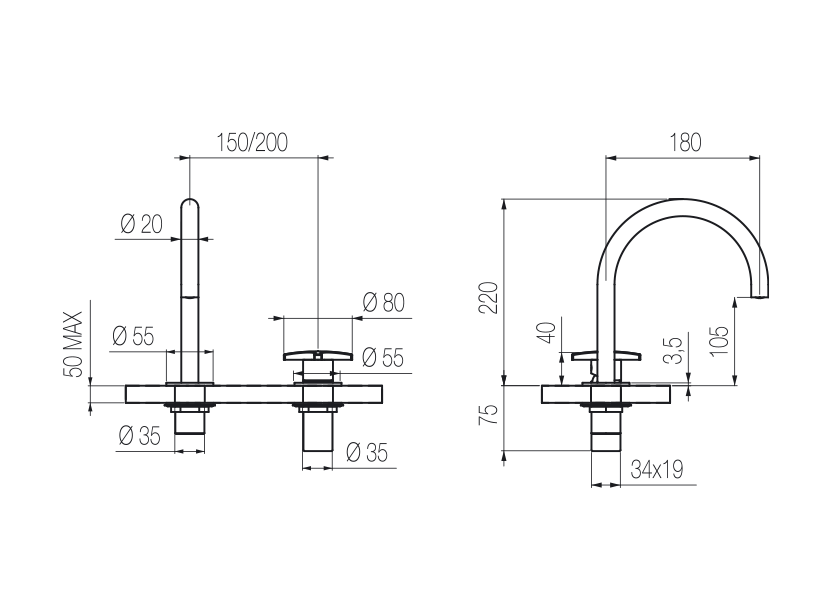 Vòi chậu lavabo xoay 2 lỗ cao 220mm bằng stainless steel Dixi - DXN37