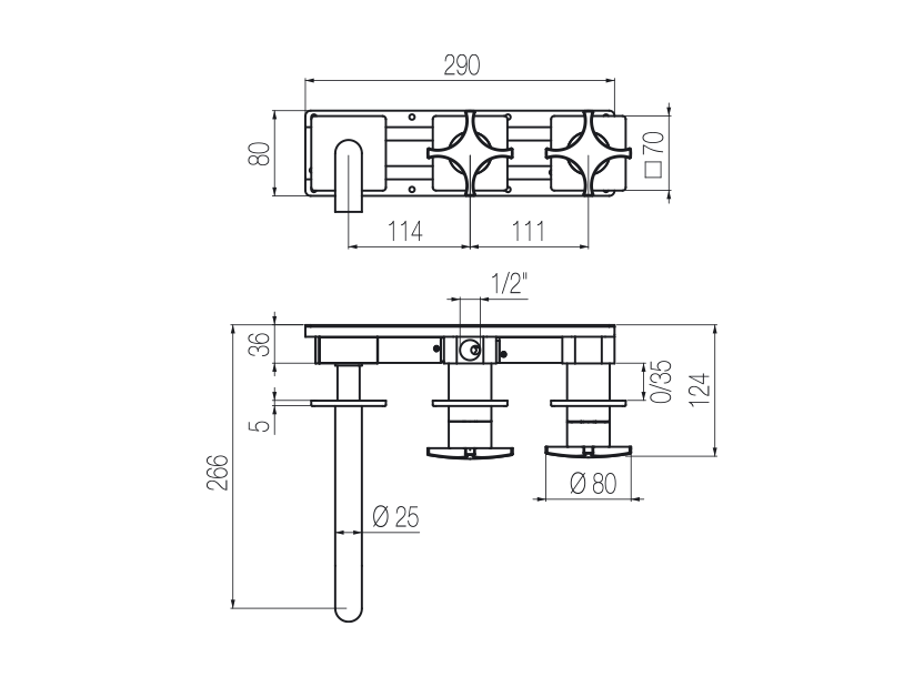  Vòi bồn tắm gắn tường 3 lỗ 2 đầu ra dài 190mm bằng stainless steel Dixi - DXN82 