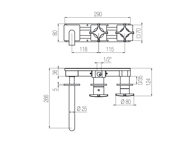 Vòi bồn tắm gắn tường 3 lỗ 3 đầu ra dài 190mm bằng stainless steel Dixi - DXN88