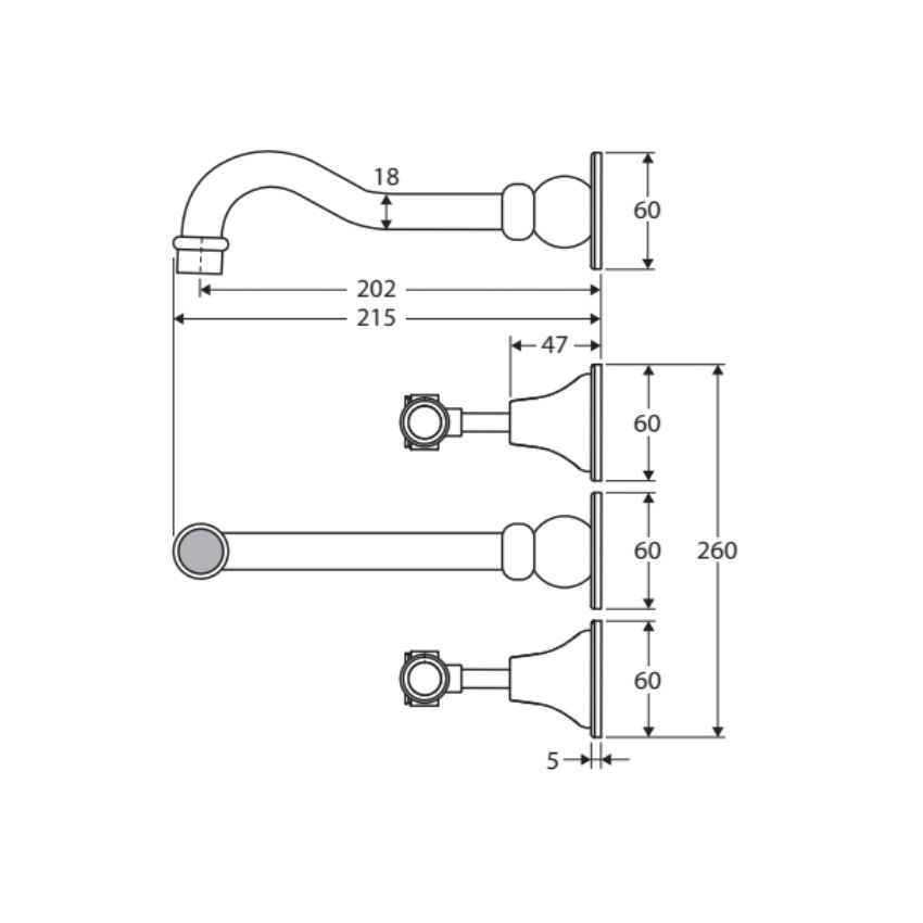 Vòi chậu lavabo gắn tường dài 215mm bằng đồng Ellian - E339102