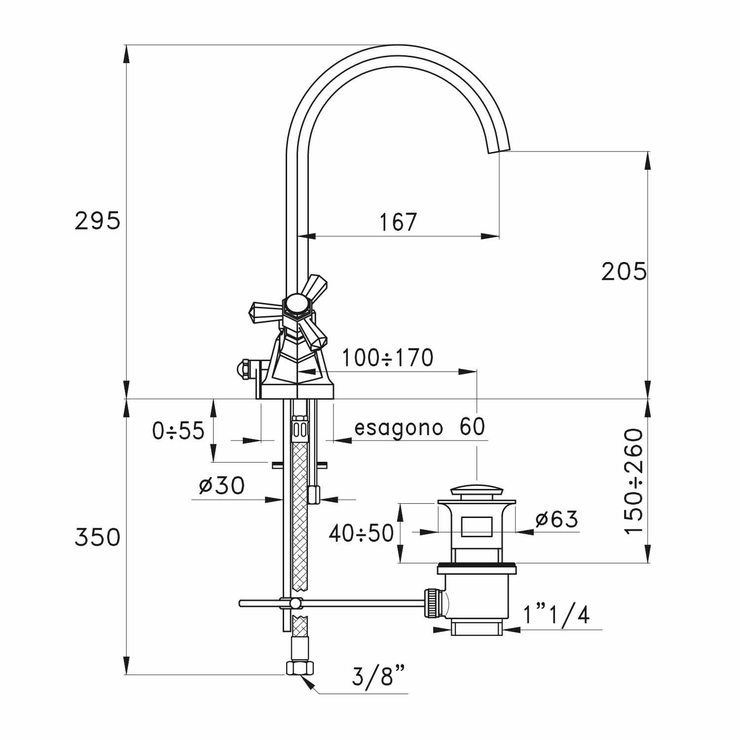 Vòi chậu lavabo cao 295mm bằng đồng Eccelsa - 3217P