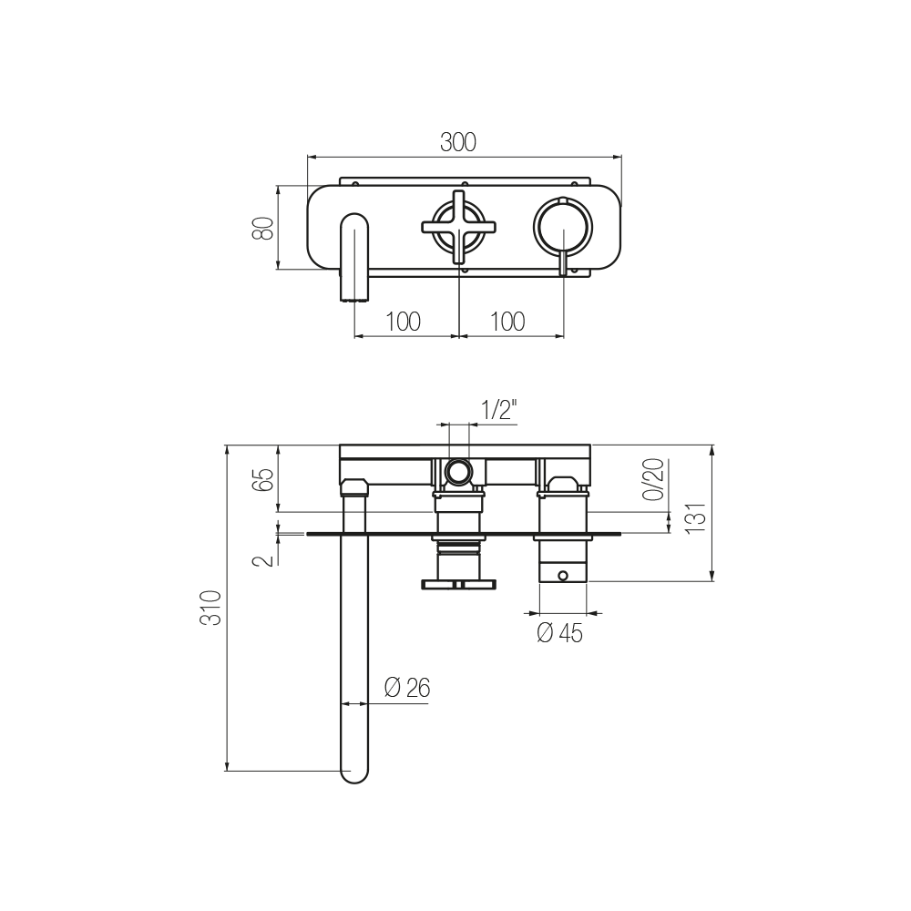  Vòi bồn tắm gắn tường điều chỉnh nhiệt độ 3 lỗ 2 đầu ra dài 240mm bằng đồng Hugò - ETH5 