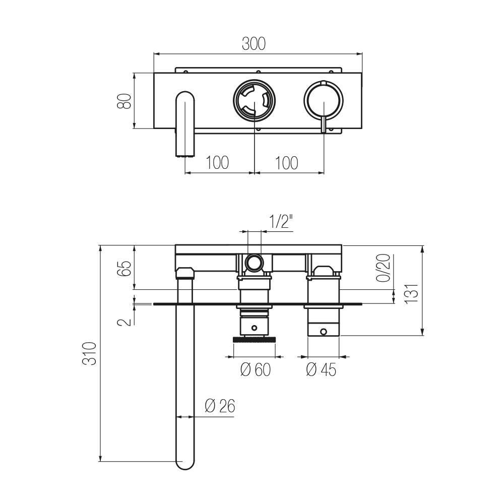  Vòi bồn tắm gắn tường điều chỉnh nhiệt độ 3 lỗ 2 đầu ra dài 240mm bằng đồng Tibò - ETO5 