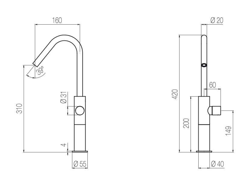  Vòi chậu lavabo cao 420mm bằng stainless steel Hiro - HIR3 