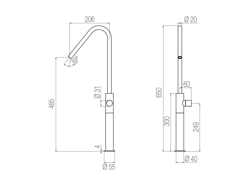  Vòi chậu lavabo cao 650mm bằng stainless steel Hiro - HIR7 