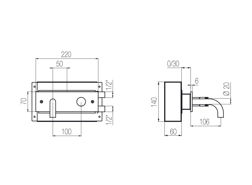  Vòi chậu lavabo gắn tường 2 lỗ dài 100mm bằng stainless steel Hiro - HRN20 