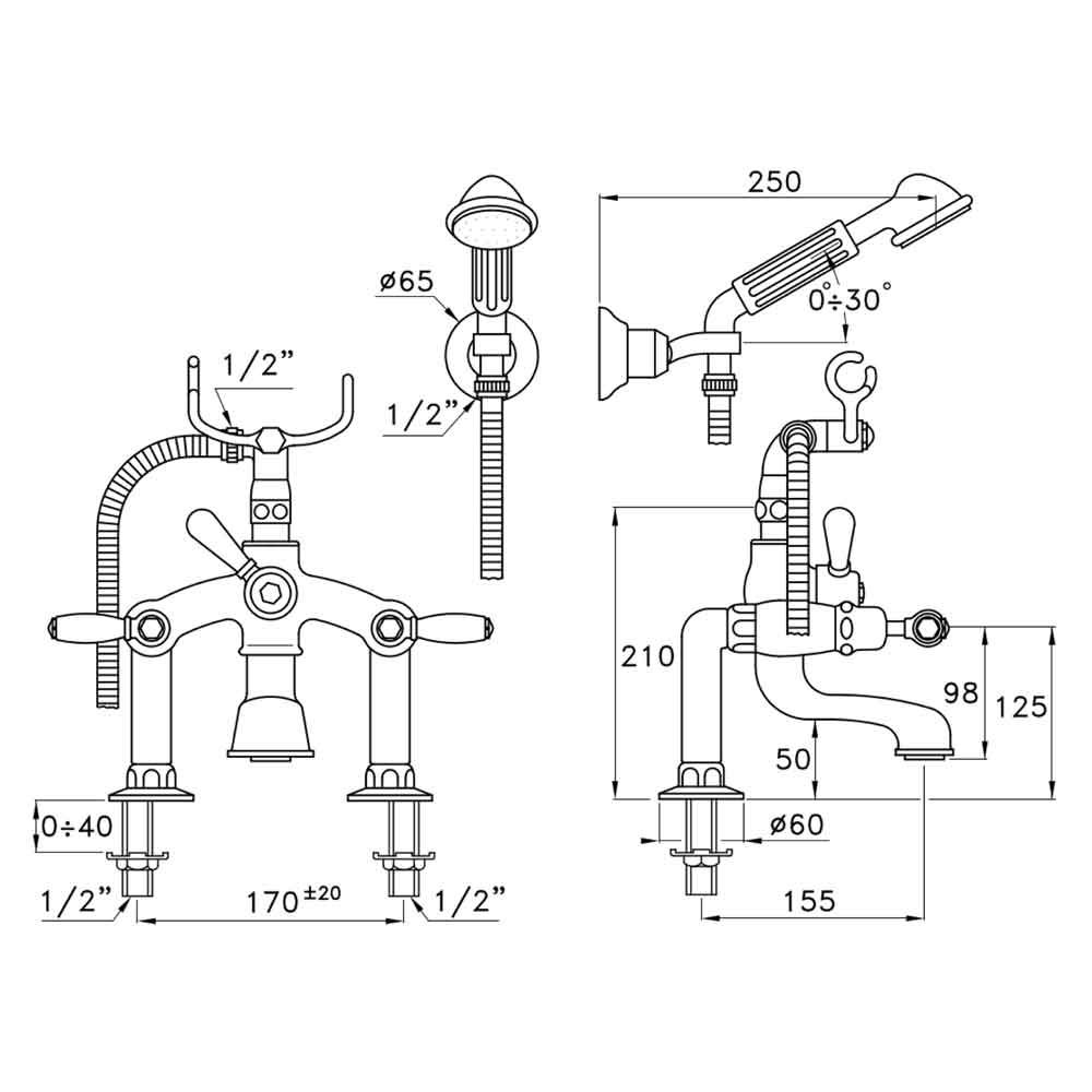 Vòi bồn tắm có sen cầm tay cổ điển bằng đồng Italica Leve - 3274RG305-6