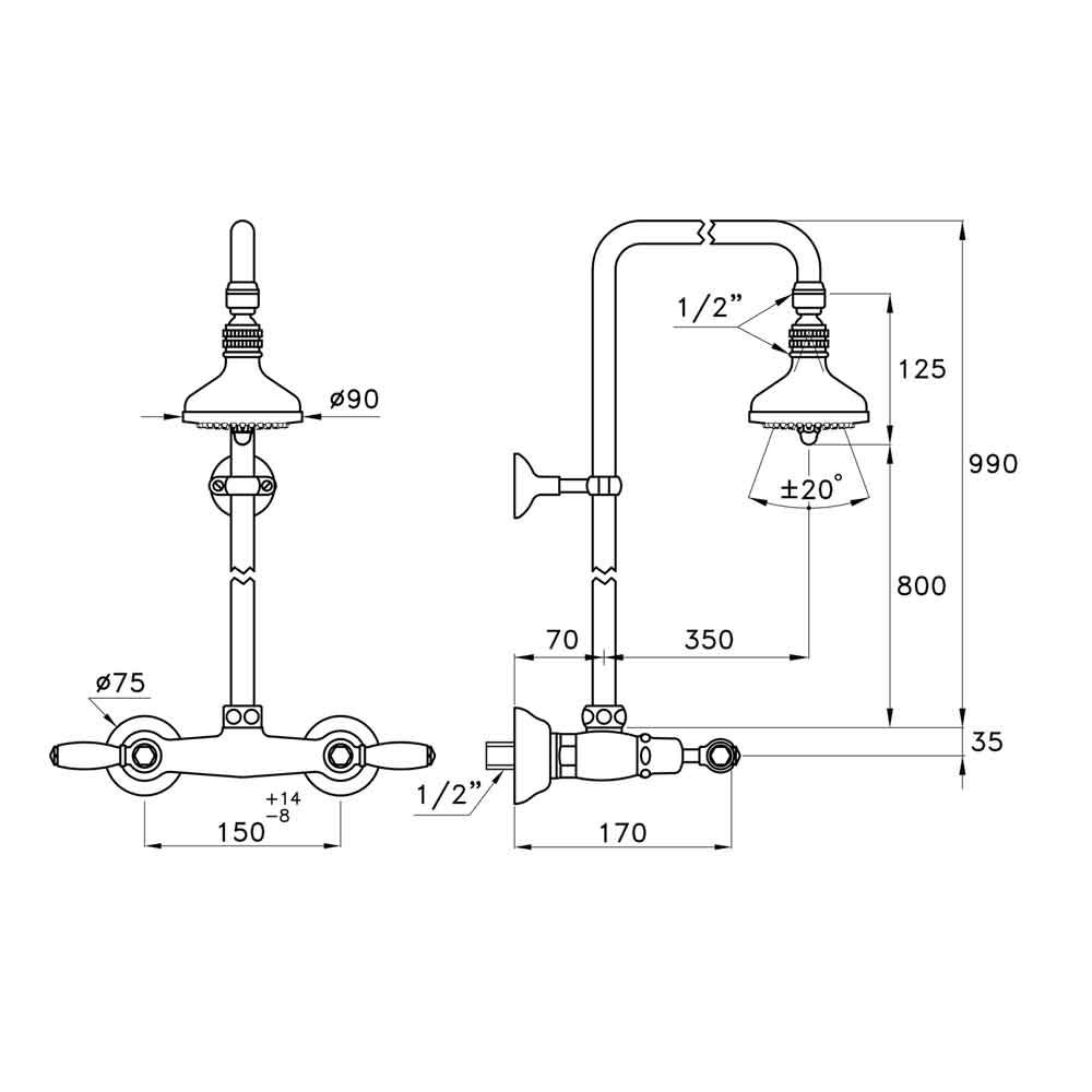 Sen cây gắn tường bát sen Ø90mm cổ điển bằng đồng Italica Leve - 3283-301-314A-90