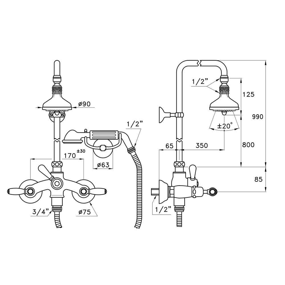 Sen cây gắn tường bát sen Ø90mm với vòi sen cầm tay cổ điển bằng đồng Italica Leve - 3284-33-90