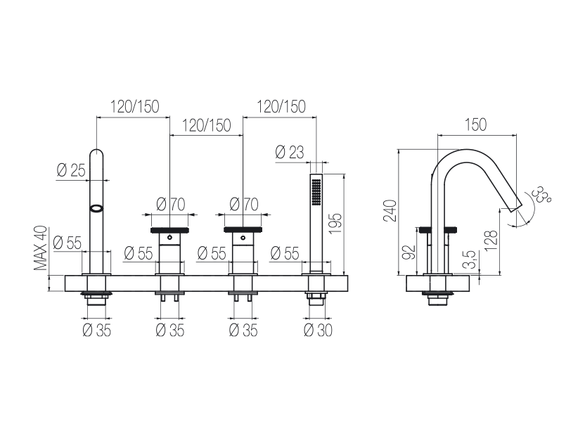  Vòi bồn tắm 4 lỗ gắn thành bằng stainless steel Kàto - KAN36 