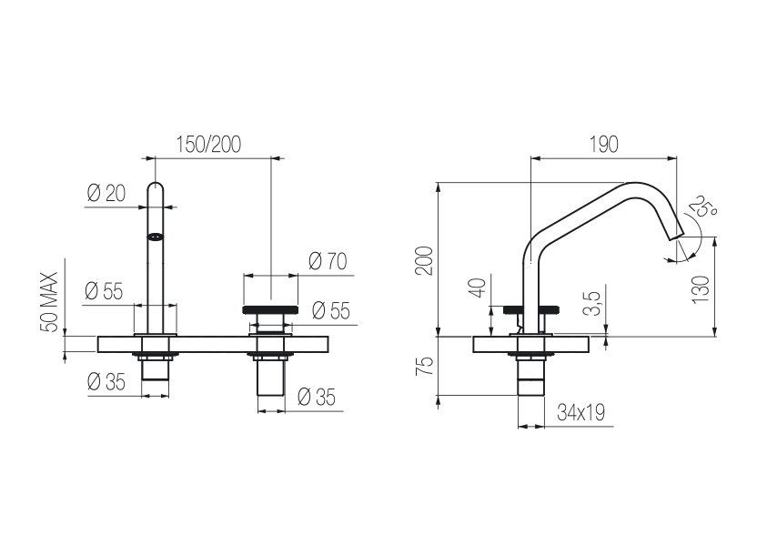  Vòi chậu lavabo xoay 2 lỗ cao 200mm bằng stainless steel Kàto - KAN37 