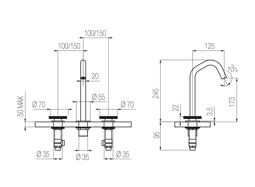 Vòi chậu lavabo xoay 3 lỗ cao 240mm bằng stainless steel Kàto - KAT26