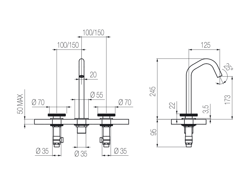  Vòi chậu lavabo xoay 3 lỗ cao 240mm bằng stainless steel Kàto - KAT26 