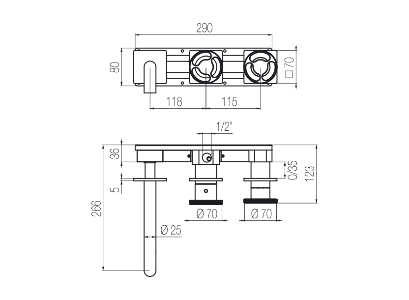  Vòi bồn tắm 3 lỗ gắn tường 3 đầu ra dài 190mm bằng stainless steel Kàto - KAT88 