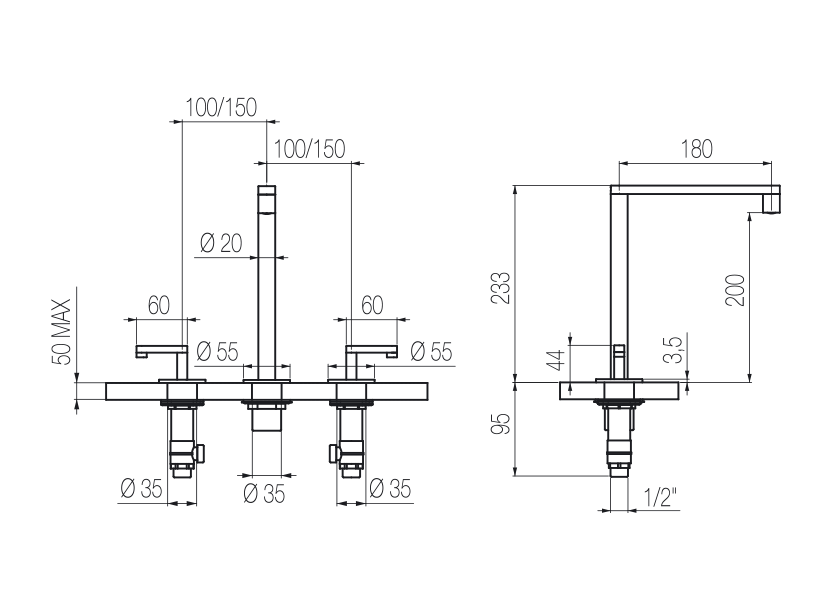  Vòi chậu lavabo xoay 3 lỗ cao 230mm bằng stainless steel Kira - KIR25 