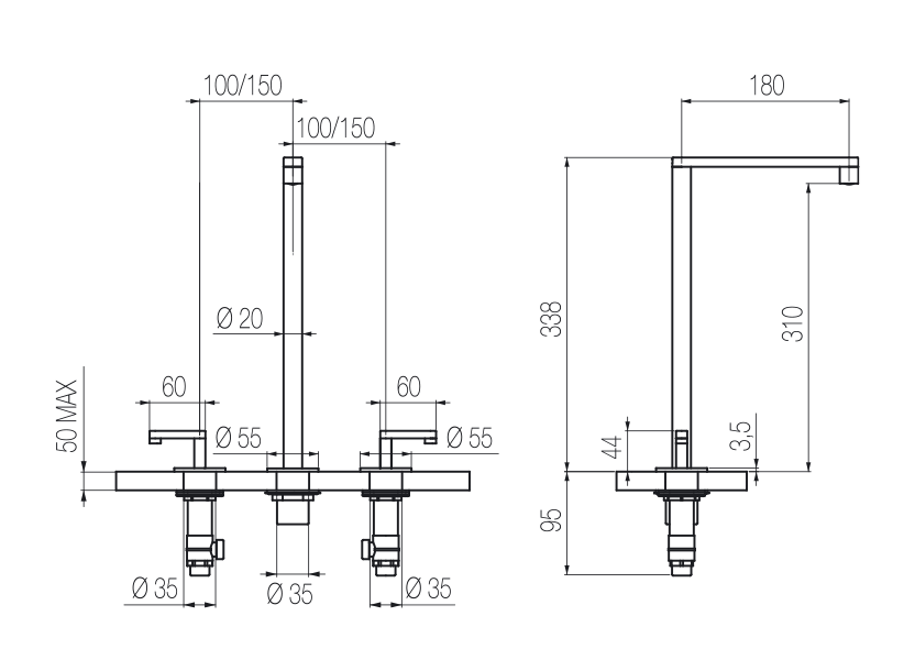  Vòi chậu lavabo xoay 3 lỗ cao 330mm bằng stainless steel Kira - KIR26 