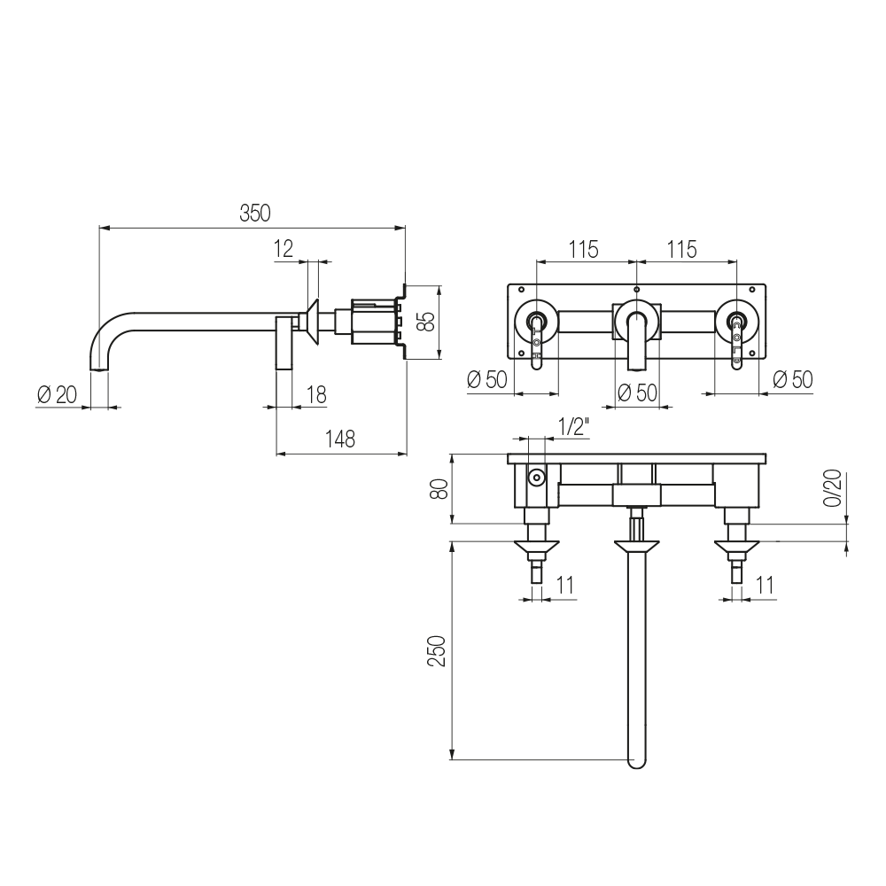 Vòi chậu lavabo gắn tường 3 lỗ dài 250mm bằng đồng Koè - KOE58