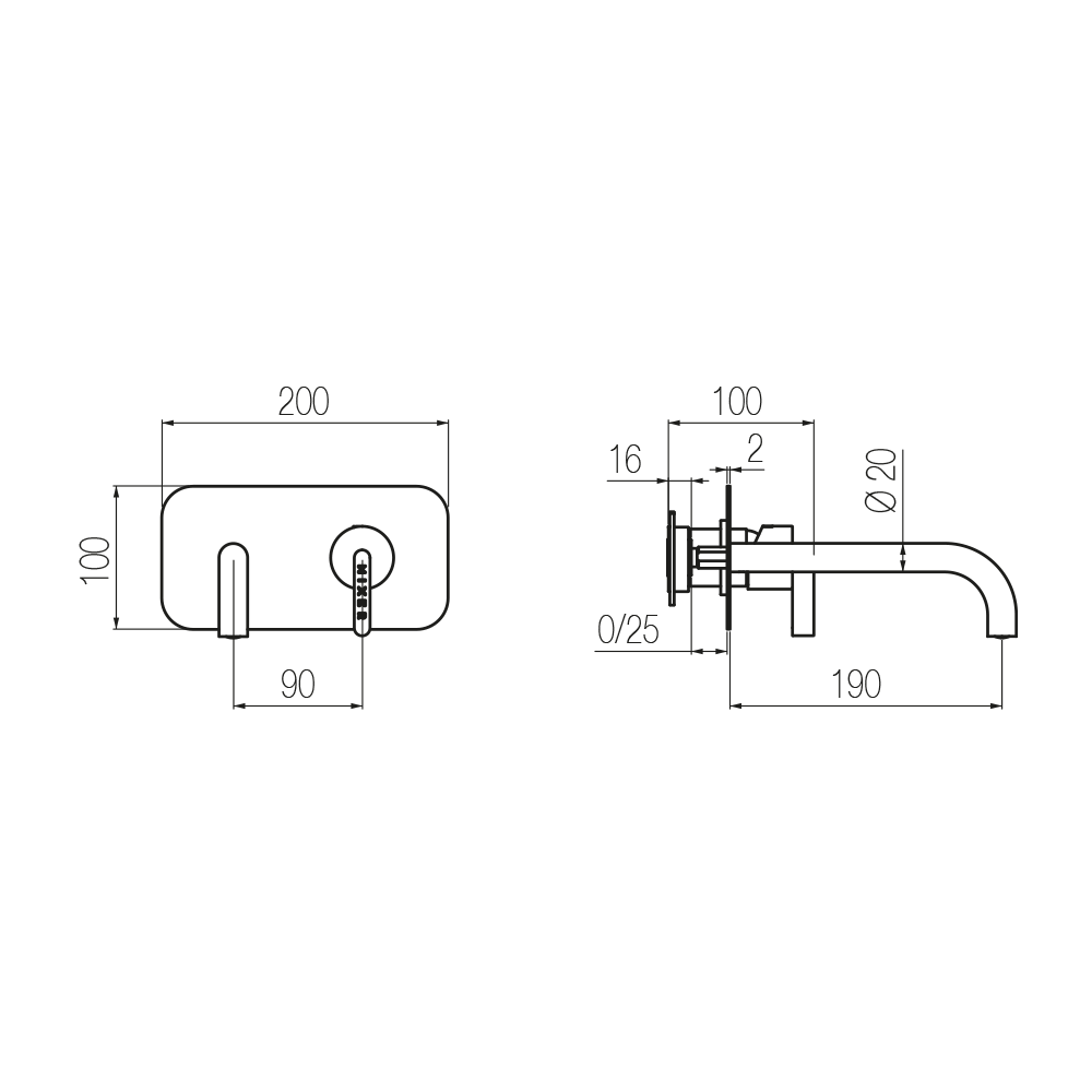  Vòi chậu lavabo gắn tường 2 lỗ dài 190mm bằng đồng Koè - KOE88 