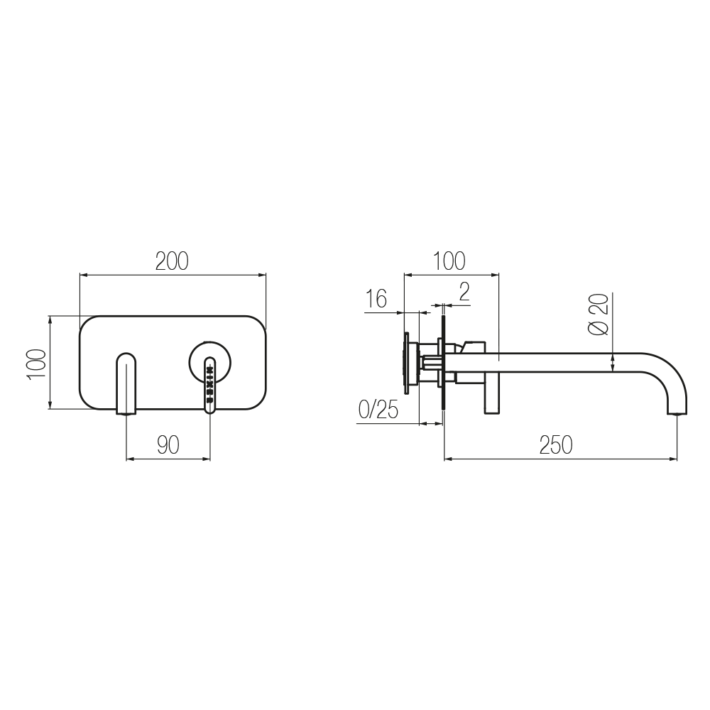  Vòi chậu lavabo gắn tường 2 lỗ dài 250mm bằng đồng Koè - KOE89 