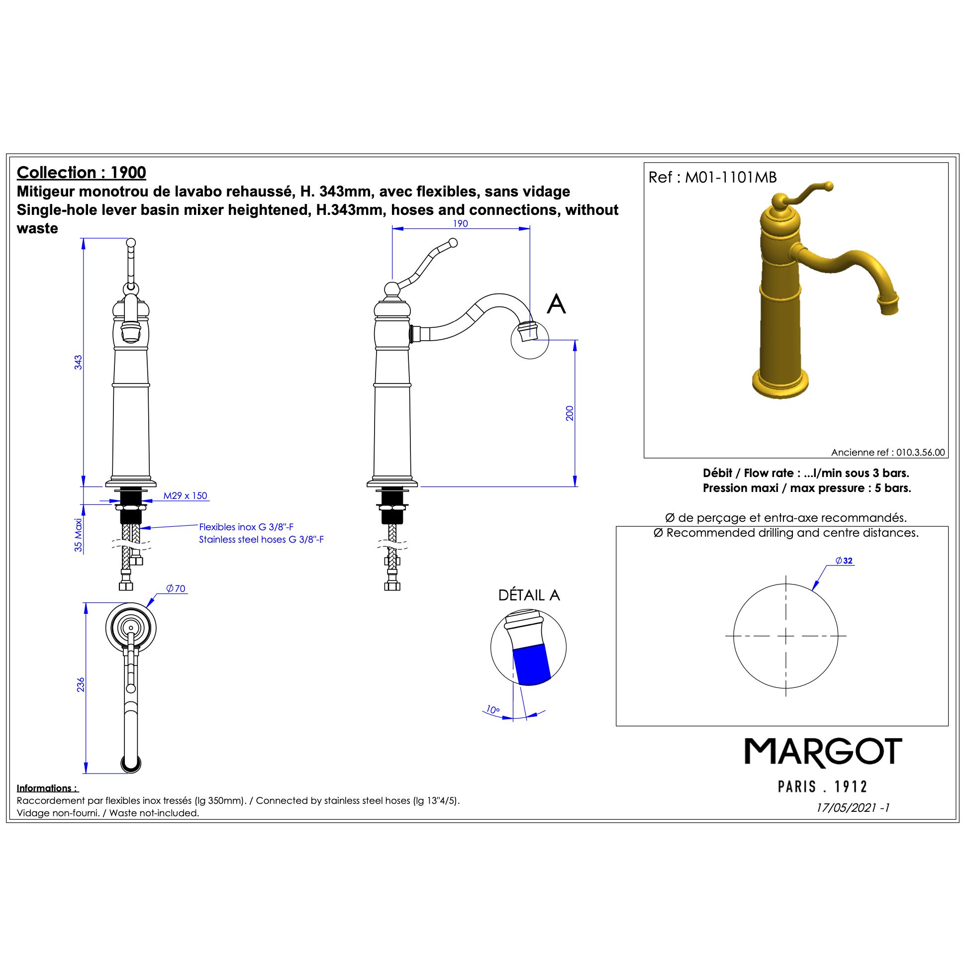  Vòi chậu lavabo cao 300mm bằng đồng Série 1900 - M01-1101MB 