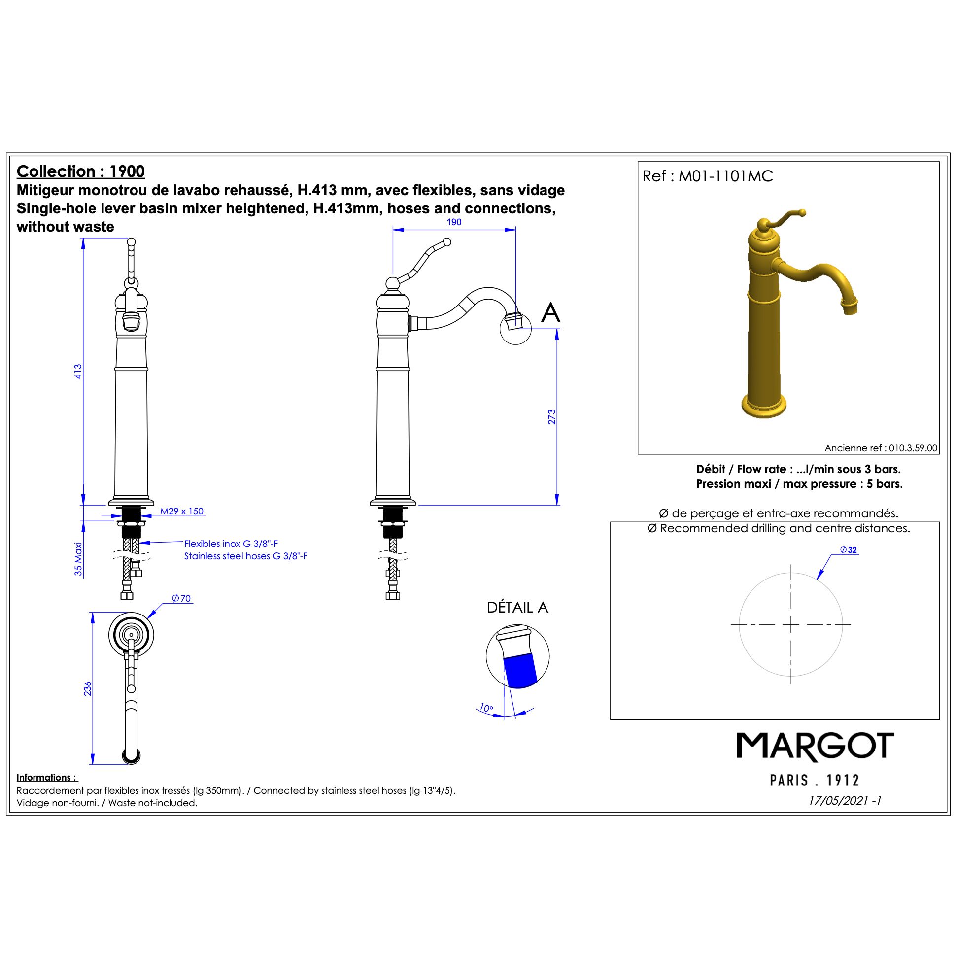  Vòi chậu lavabo cao 370mm bằng đồng Série 1900 - M01-1101MC 