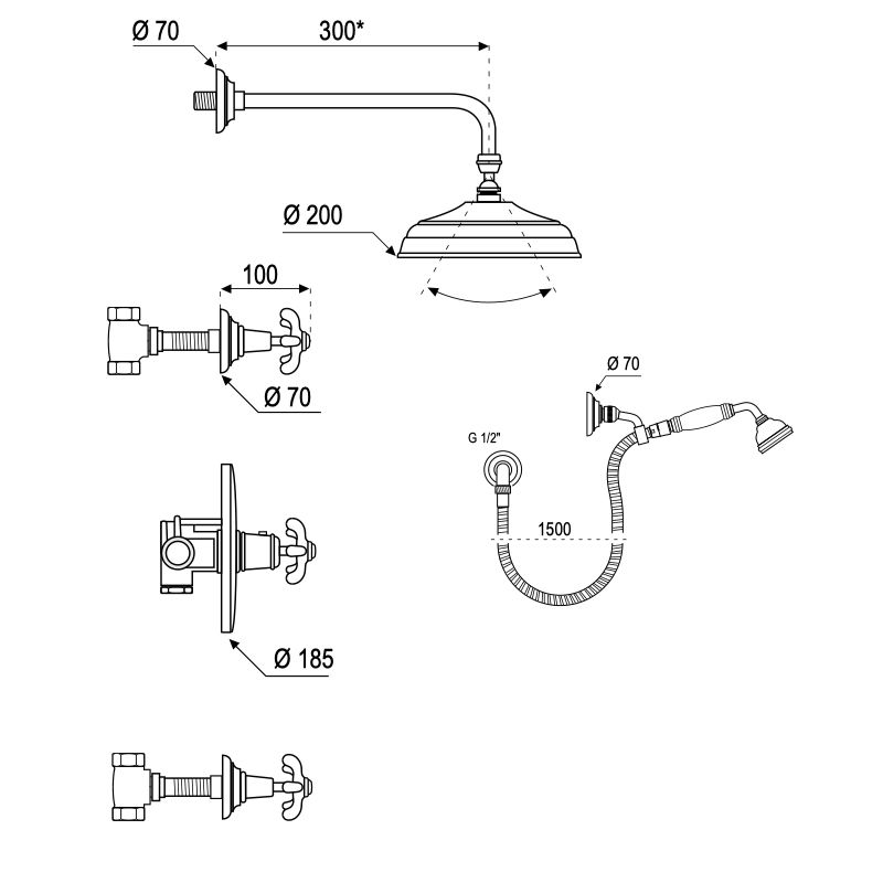  Vòi sen âm tường có sen cầm tay điều chỉnh nhiệt độ bằng đồng Série 1900 - M01-2308T1 