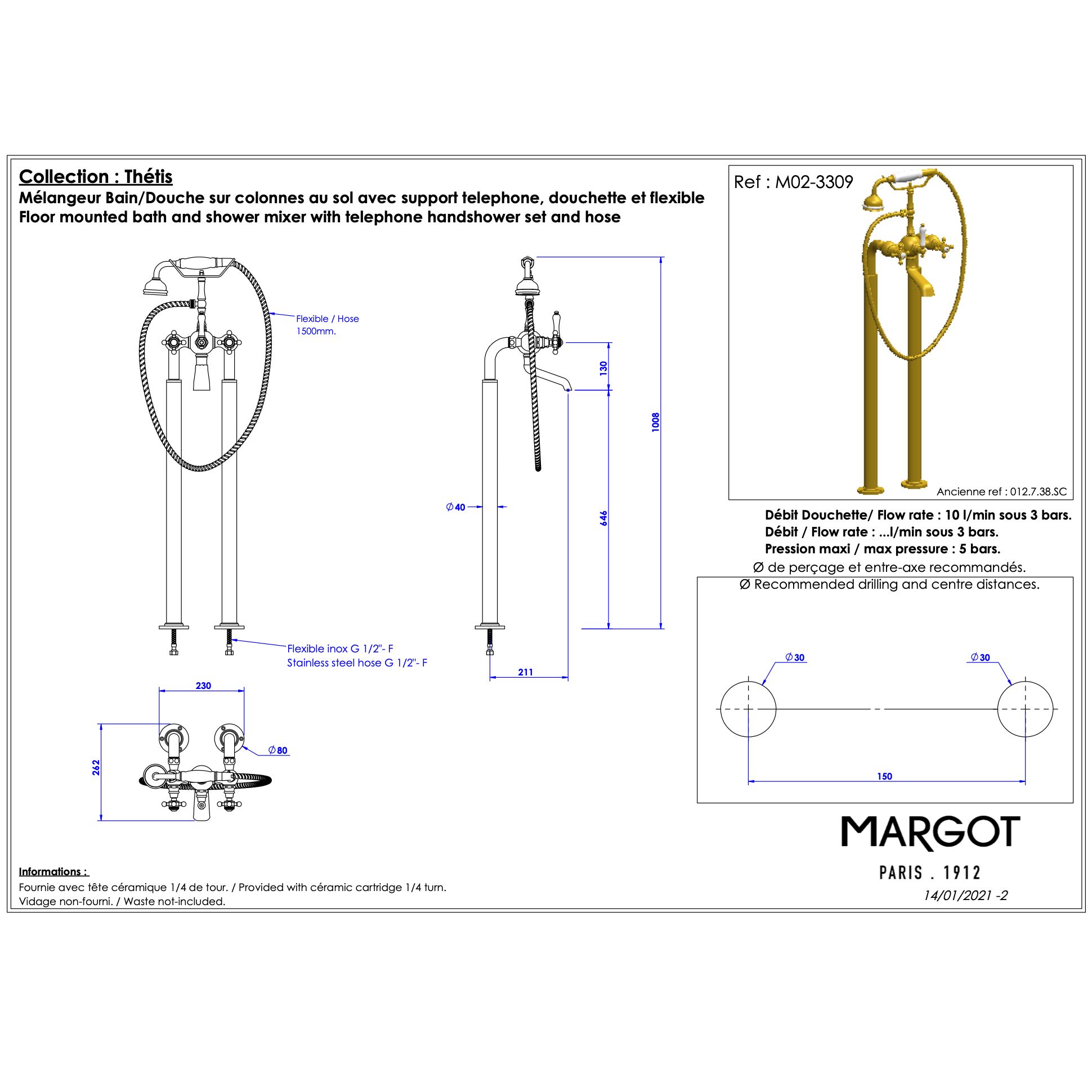  Vòi bồn tắm và vòi sen cầm tay gắn sàn bằng đồng Thétis Cross Handles - M02-3309 