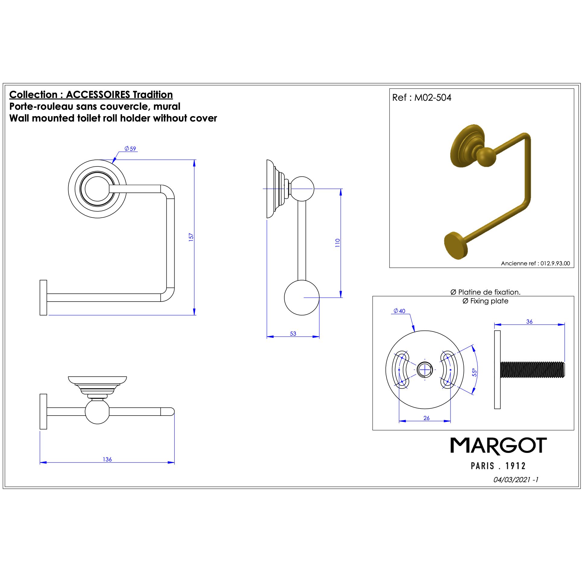  Móc treo giấy vệ sinh không nắp chụp bằng đồng Thétis Cross Handles - M02-504 