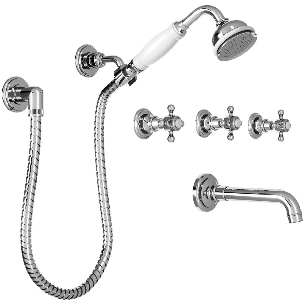 Vòi bồn tắm và vòi sen 5 lỗ gắn tường bằng đồng Thétis Cross Handles - M02-3308