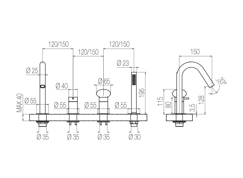  Vòi bồn tắm 4 lỗ gắn thành có vòi sen cầm tay bằng stainless steel Mirò - MIR16 