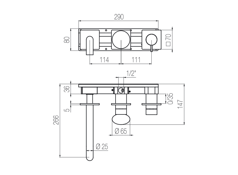 Vòi bồn tắm gắn tường dài 190mm 3 lỗ 2 đầu ra bằng stainless steel Mirò - MIR82