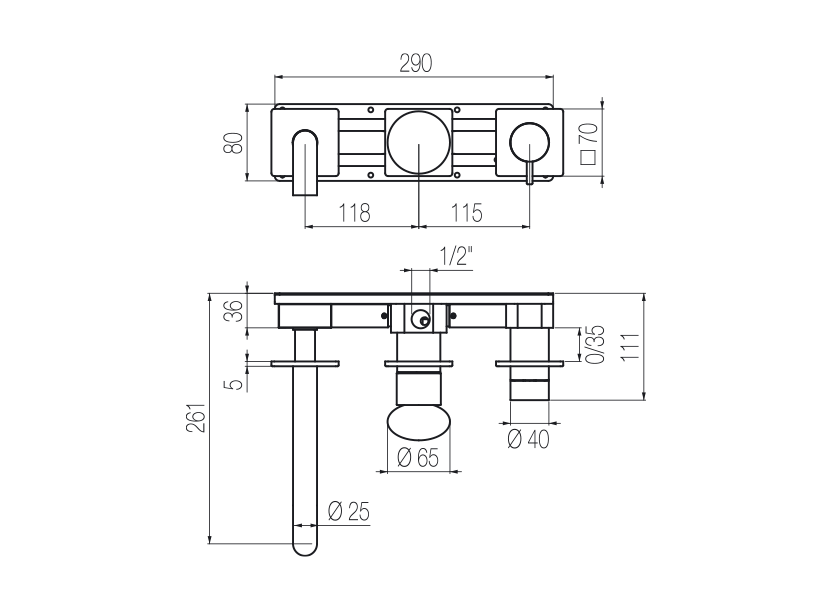  Vòi bồn tắm gắn tường dài 190mm 3 lỗ 3 đầu ra bằng stainless steel Mirò - MIR88 