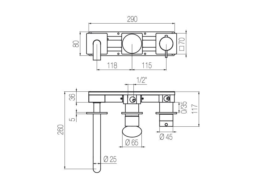  Vòi bồn tắm điều chỉnh nhiệt độ gắn tường dài 190mm 3 lỗ 3 đầu ra bằng stainless steel Mirò - MIR90 