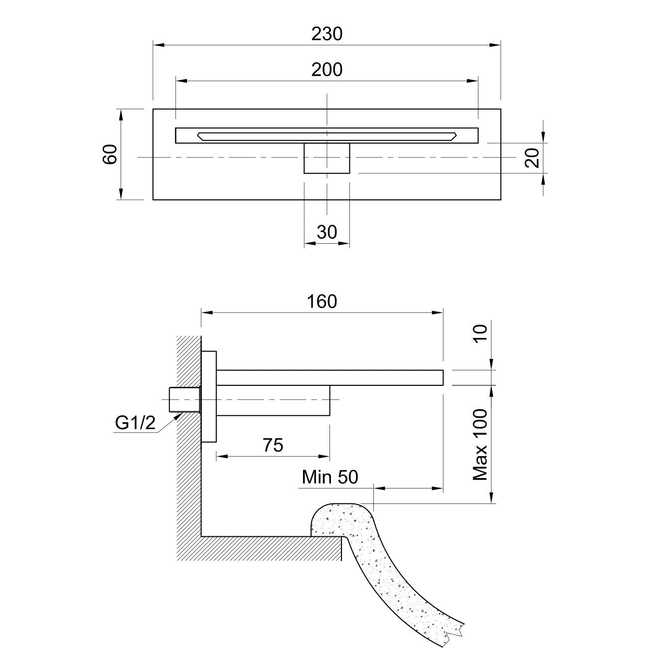  Vòi chậu rửa mặt gắn tường 160mm bằng đồng Orizzonti - OZT15X20B-TXT142C 