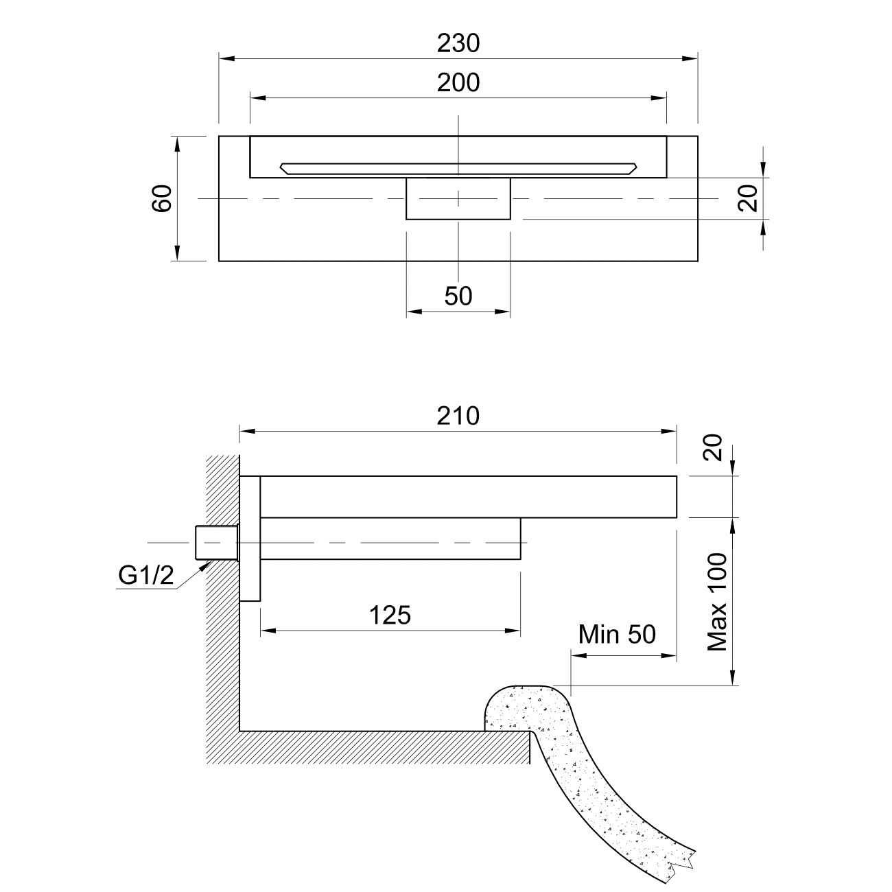  Vòi chậu rửa mặt gắn tường 210mm bằng đồng Orizzonti - OZT20X20B-TXT142C 