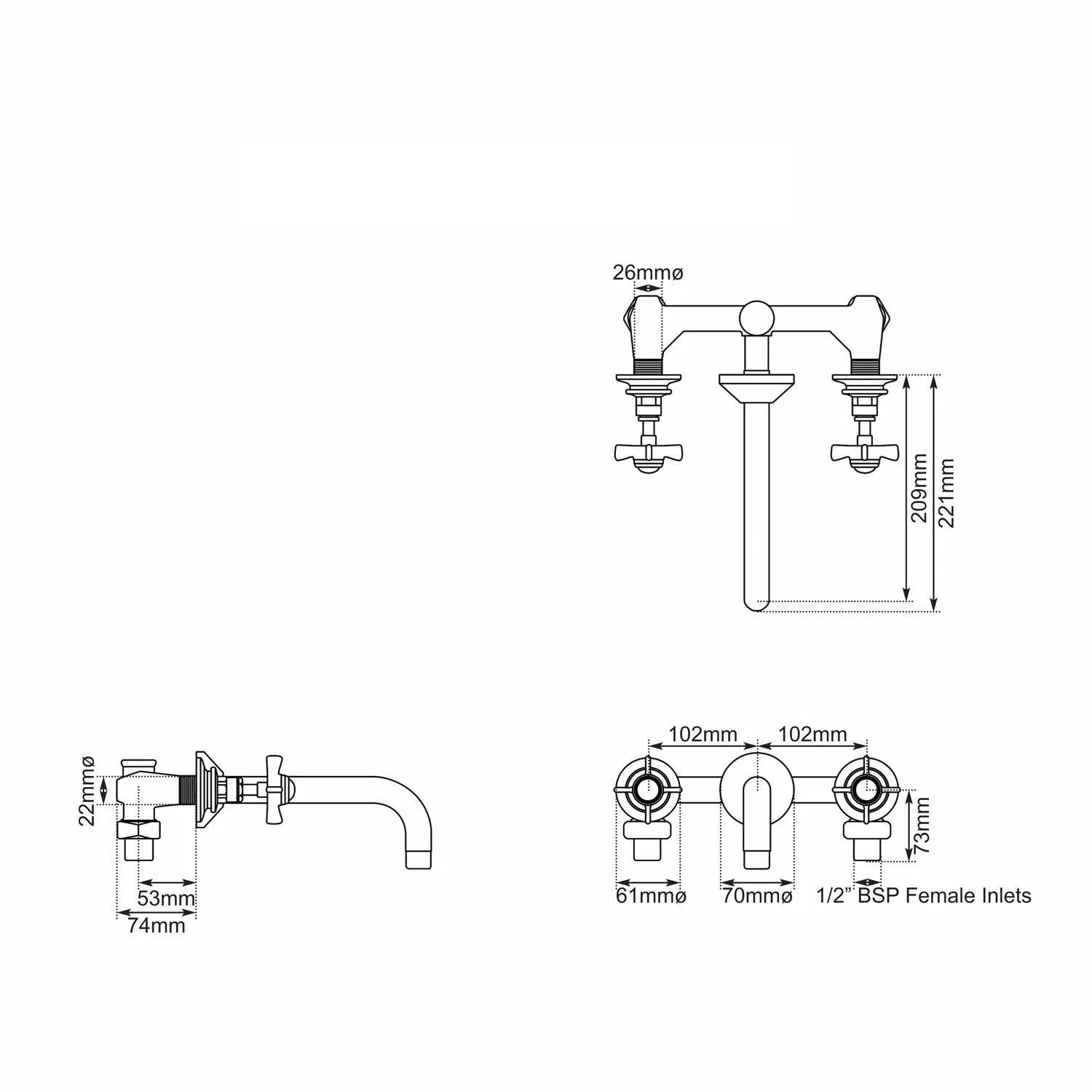 Vòi chậu lavabo gắn tường bằng đồng - Protaptry