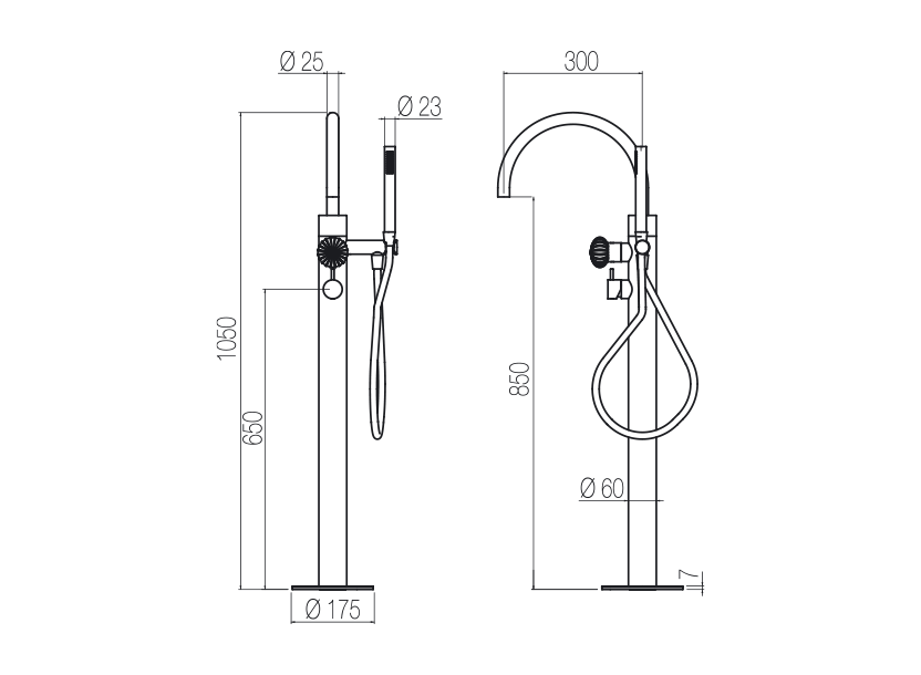  Vòi bồn tắm gắn sàn thân ø60mm có vòi sen cầm tay bằng stainless steel Dorin - PVD99 