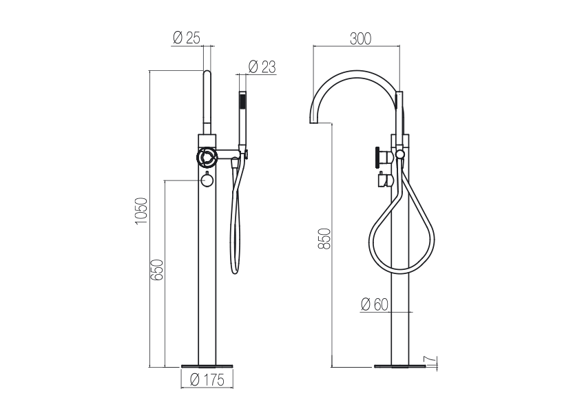 Vòi bồn tắm gắn sàn có vòi sen cầm tay bằng stainless steel Kàto - PVK99
