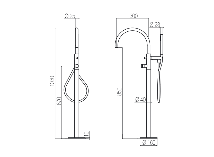  Vòi bồn tắm gắn sàn thân nhỏ ø40mm có vòi sen cầm tay bằng stainless steel Toki - PVN3 