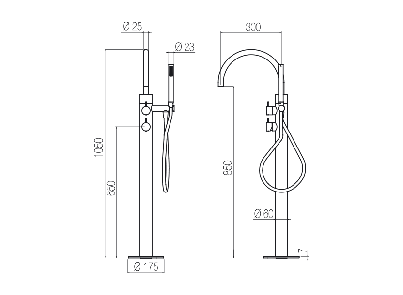  Vòi bồn tắm gắn sàn thân to ø60mm có vòi sen cầm tay bằng stainless steel Toki - PVN99 