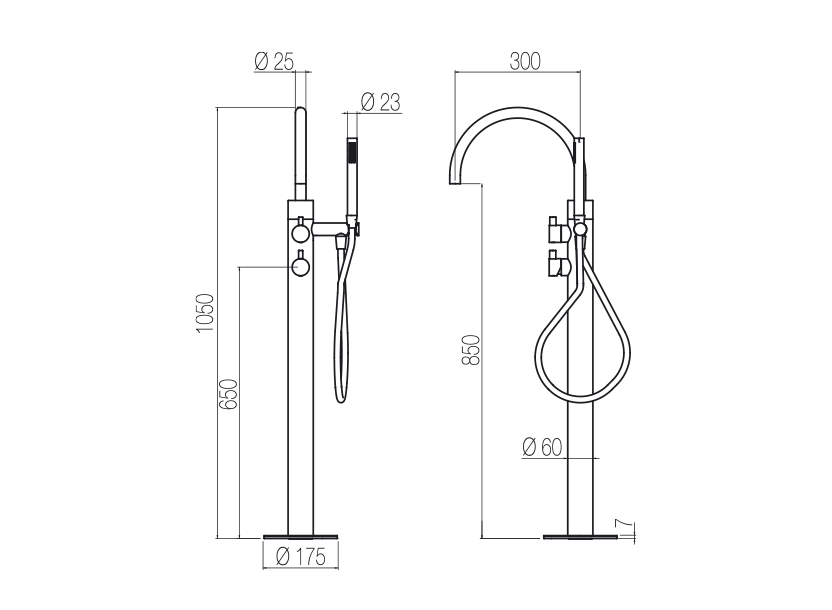 Vòi bồn tắm gắn sàn thân ø60mm có vòi sen cầm tay bằng stainless steel Toox - PVQ99