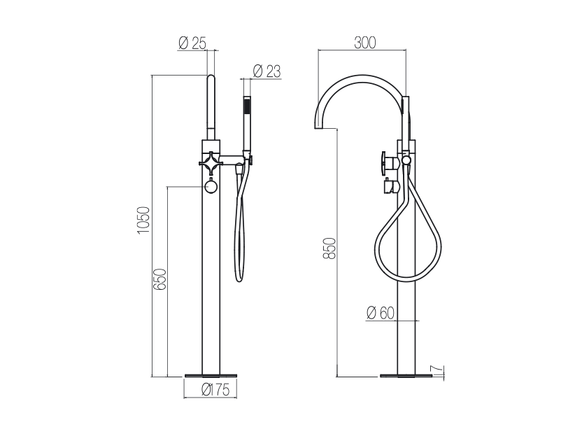  Vòi bồn tắm gắn sàn thân ø60mm có vòi sen cầm tay bằng stainless steel Dixi - PVX99 