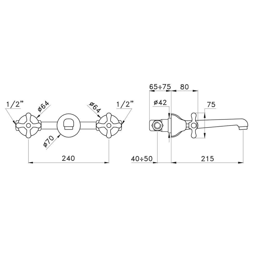 Vòi chậu lavabo gắn tường dài 215mm cổ điển bằng đồng Roma - 3229