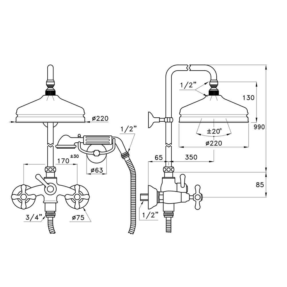 Sen cây gắn tường bát sen Ø220mm với sen cầm tay cổ điển bằng đồng Roma - 3284-33-220