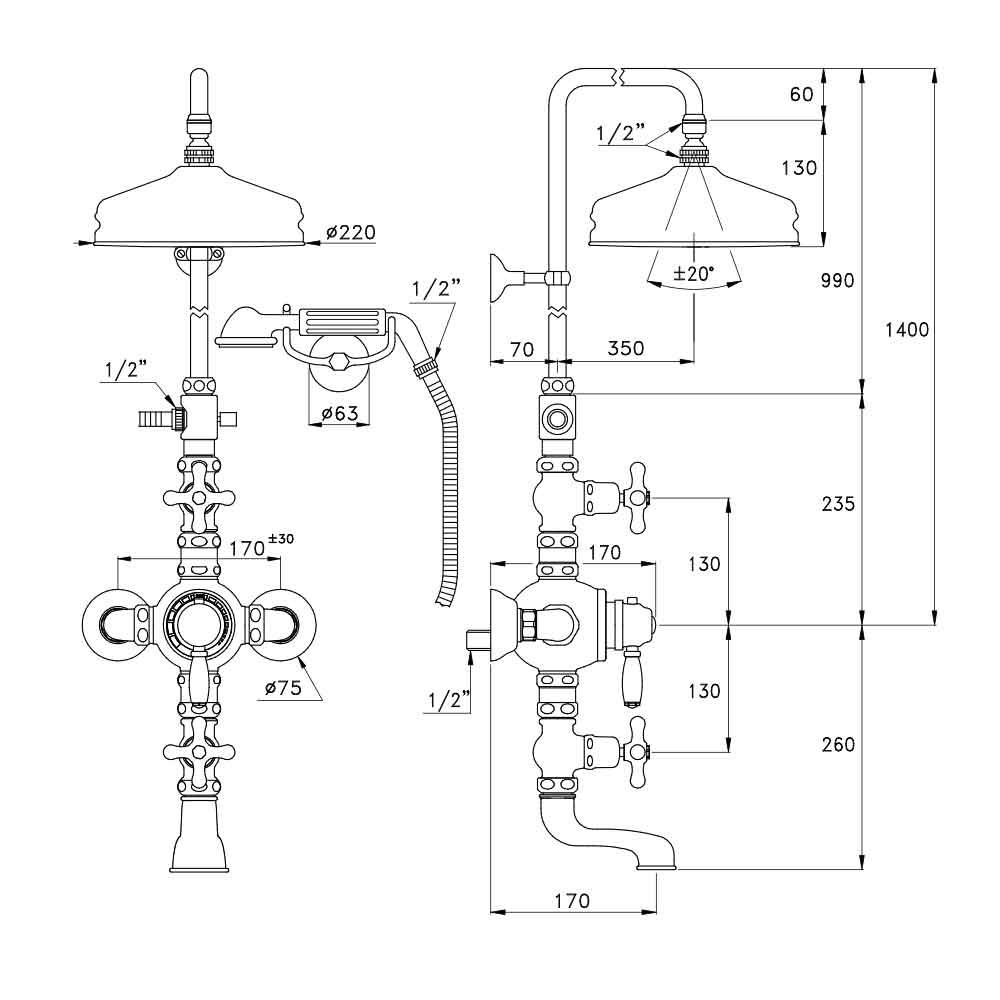 Sen cây điều chỉnh nhiệt độ bát sen Ø220mm với sen cầm tay và vòi nước cổ điển bằng đồng Roma - IS3274-33-220