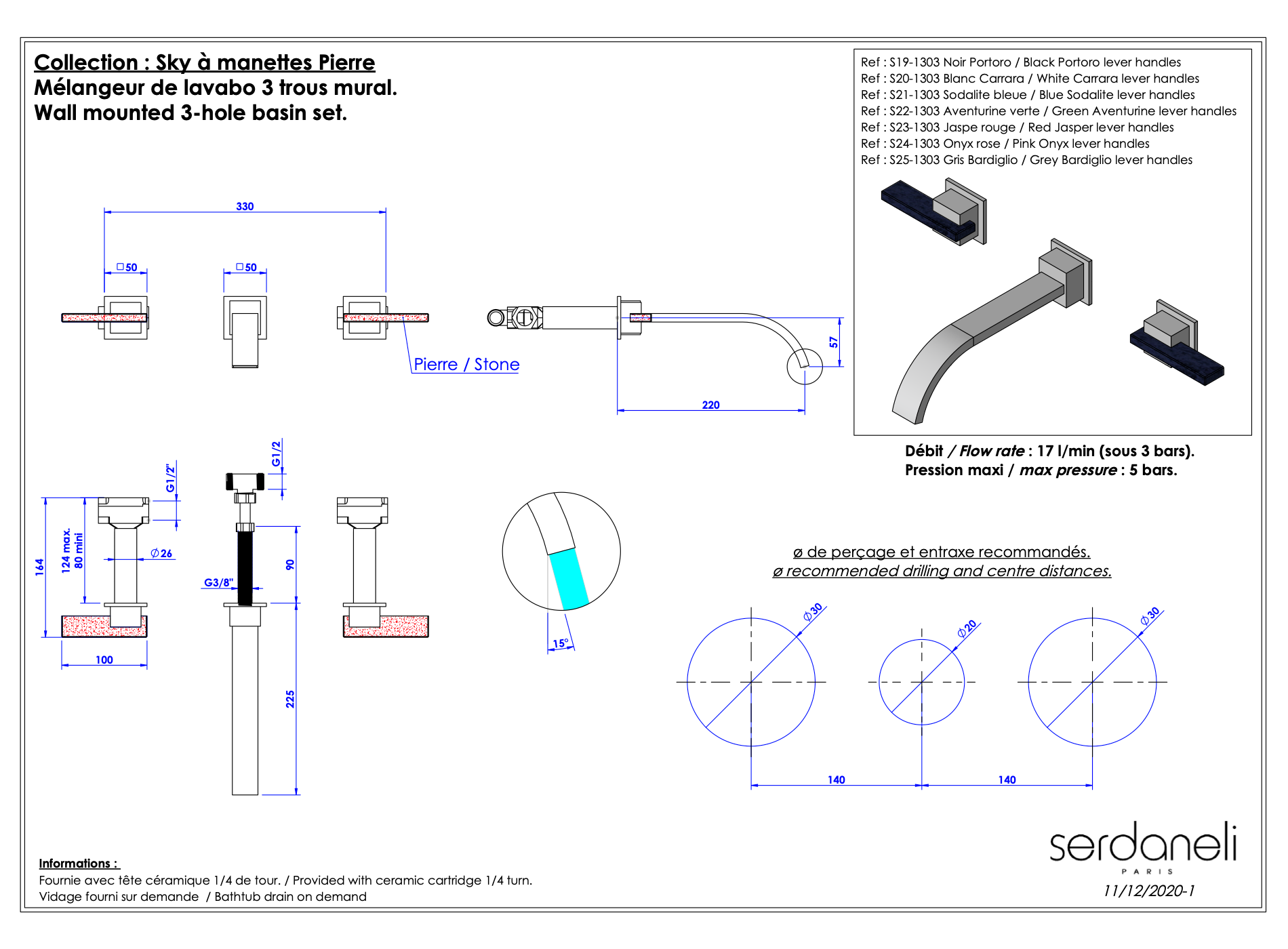  Vòi chậu rửa mặt gắn tường bằng đồng Sky Pierre Blue Sodalite Lever - 1303 