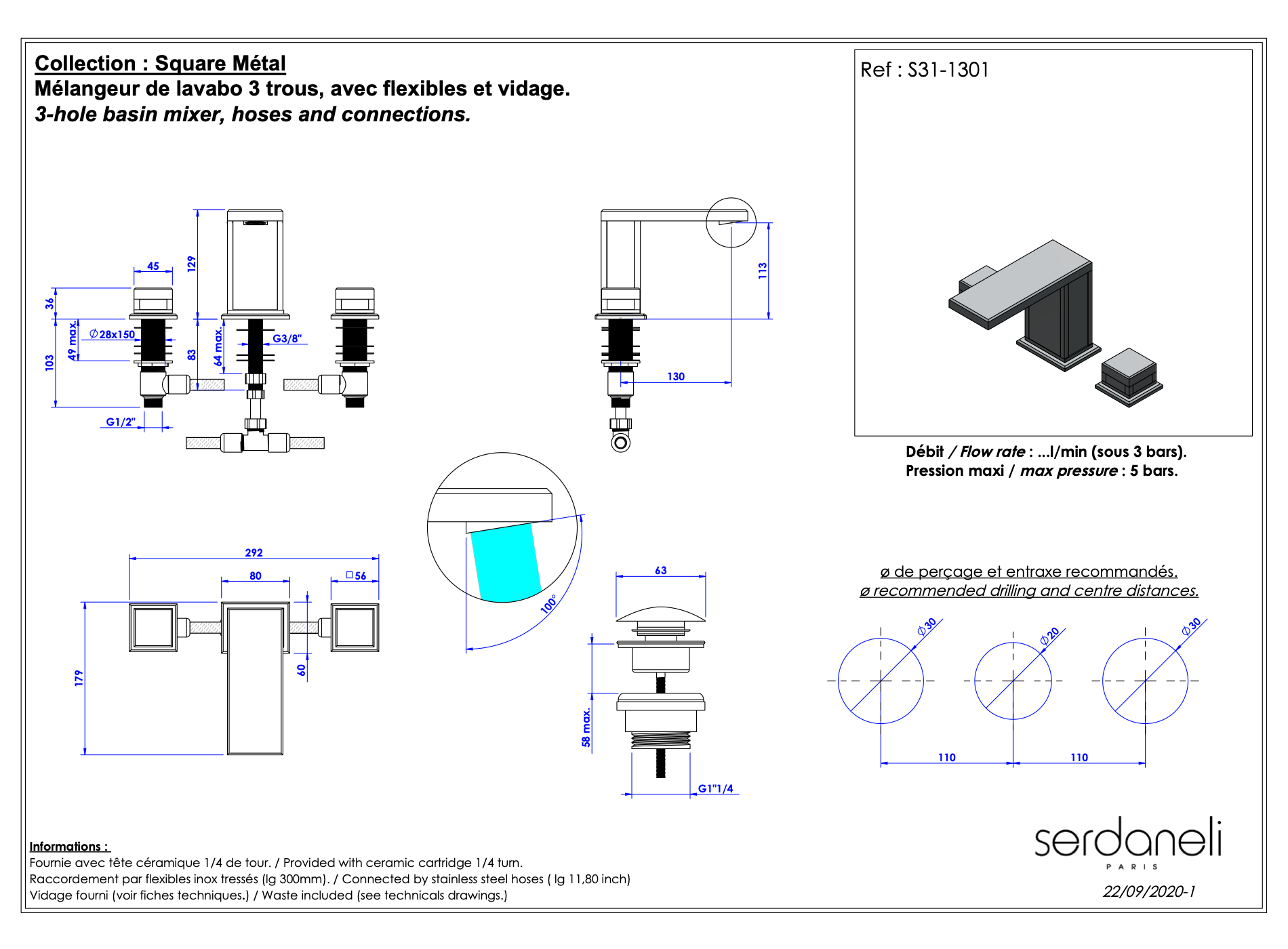  Vòi chậu rửa mặt bằng đồng Square Metal - 1301 